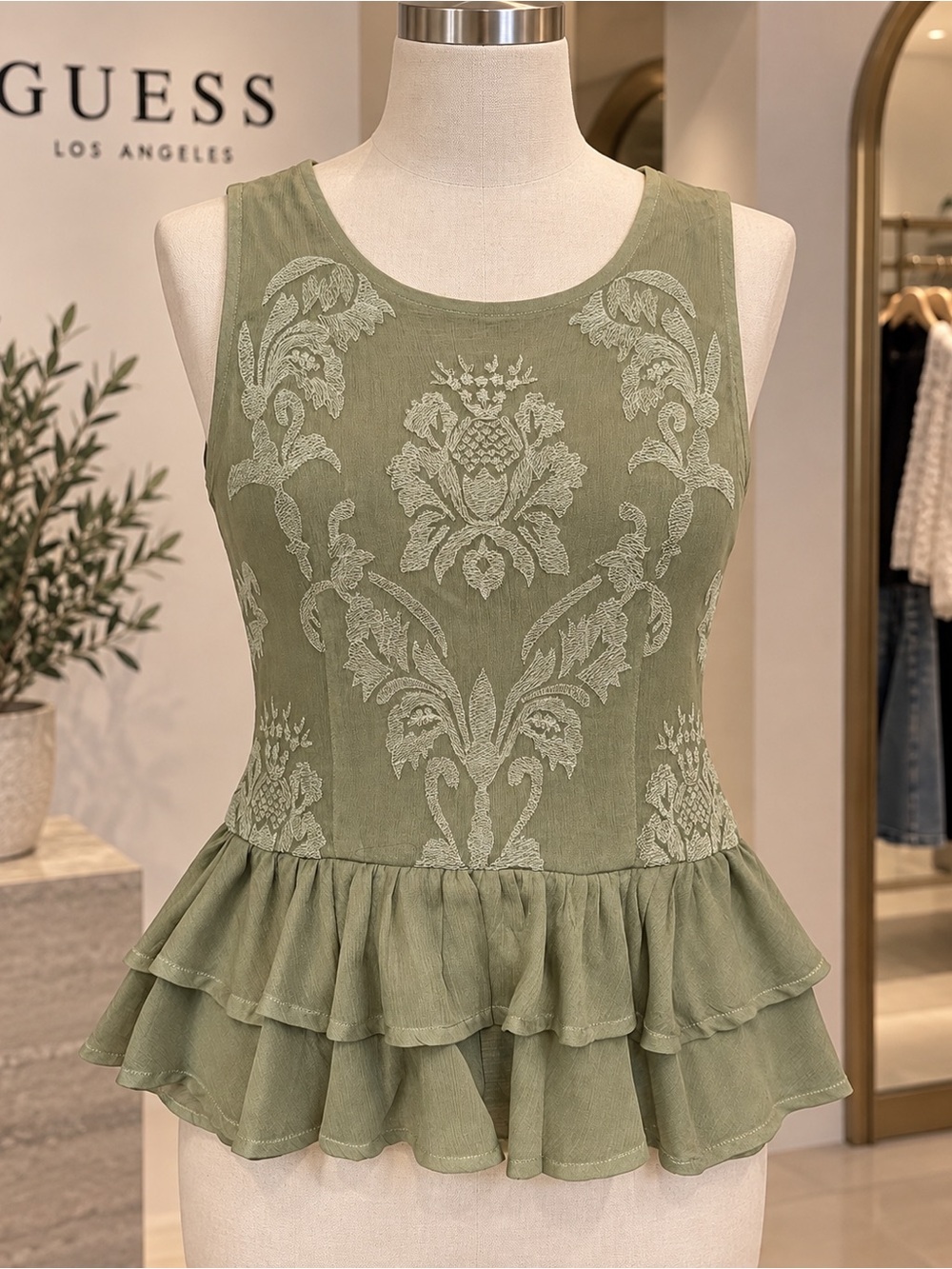 GUESS Olive Green Embroidered Ruffle Peplum Tank Top XS Boho Floral